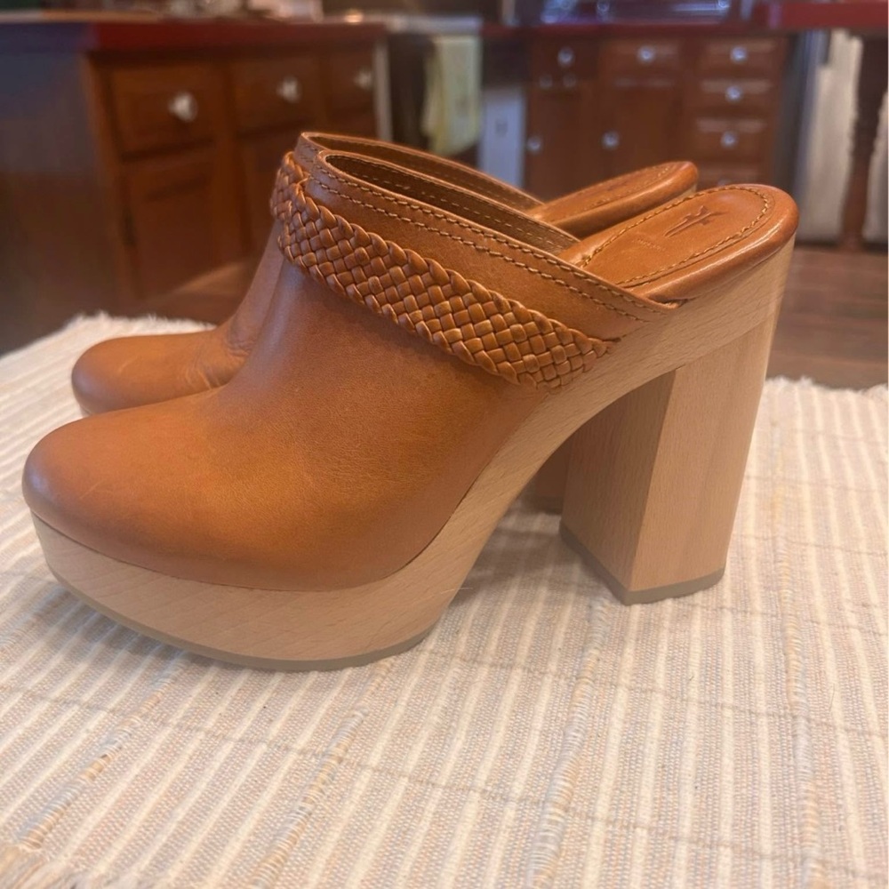 Frye Brown Leather Mules with Woven Detail